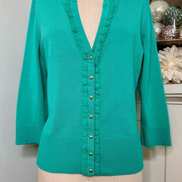 White House Black Market Green Snap Sweater Cardigan Ruffled Lace Trim Large - Picture 6 of 12